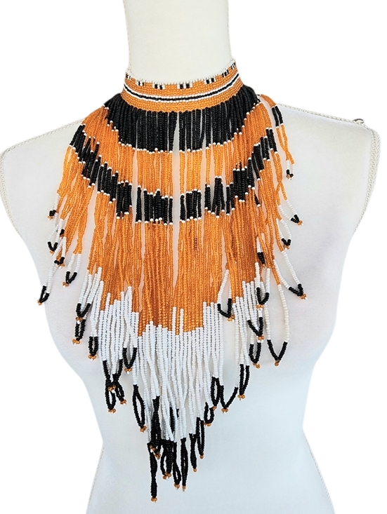 Jewelry - Vintage African Zulu Beaded Fringe Statement Necklace - Orange, Black & White